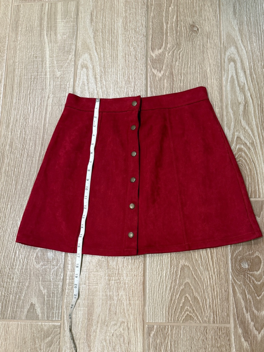 Classic Faux Suede Button-Front Red A-Line Mini Skirt